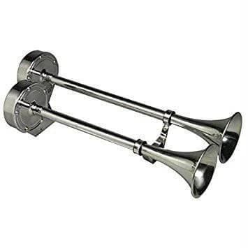MaxTek Horn 24V SS Dual Trumpet Polished Stainless Corrosion Resistant TwoTone Blast Marine Truck Heavy Equipment