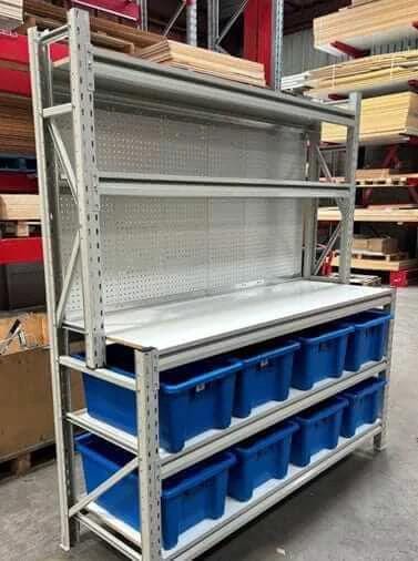 Longspan Industrial Assembly Bench Actionoutdoors East Heavy Duty Warehouse Workstation 2100mm Tall 600x300 8 Bins – view 1