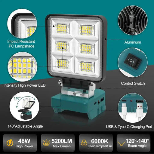 Cordless Rechargeable LED Work Light 6000K Portable Floodlight for Makita Batteries & Job Site Use – view 2