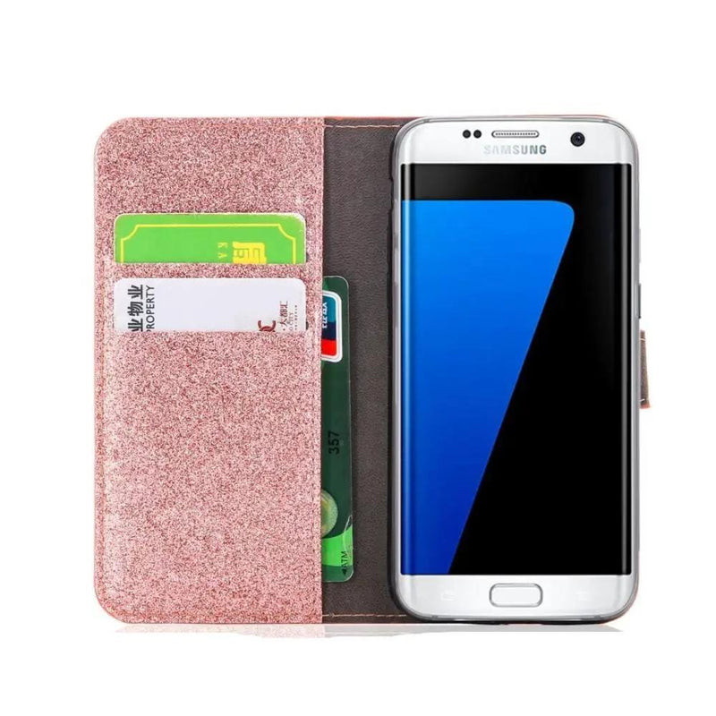 salelink.co.nz Unbranded Samsung S6 Edge Case Pink Glitter Leather Wallet Case Kickstand for S6 Edge