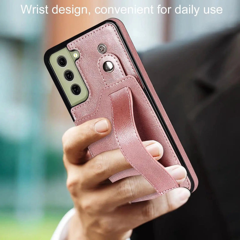 Samsung S21 FE Rose Gold PU Leather Wallet Case With Card Slots And Hand Strap – view 2