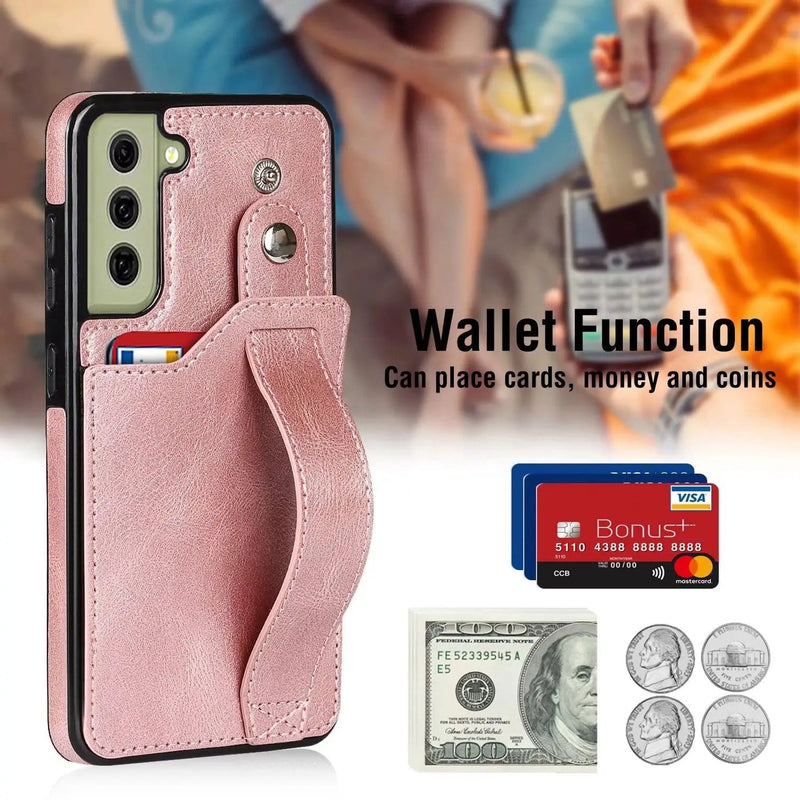 Samsung S21 FE Rose Gold PU Leather Wallet Case With Card Slots And Hand Strap – view 3