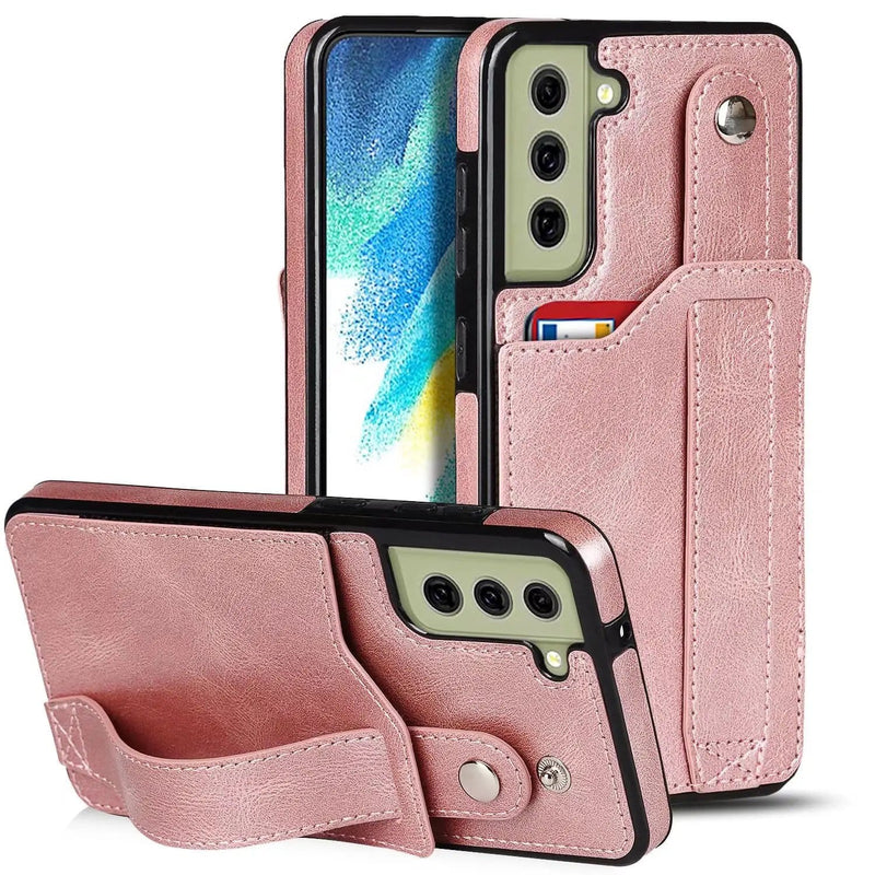 Samsung S21 FE Rose Gold PU Leather Wallet Case With Card Slots And Hand Strap – view 1