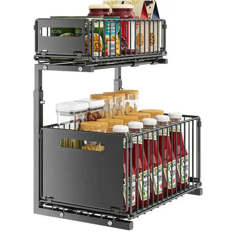 Pull-Out Under Sink Organizer – 2-Tier Adjustable Sliding Shelf (Black & White) – view 1