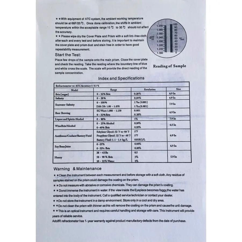 Refractometer - Sugar (Dual Scale: Brix 0-32% & 1.000-1.120 Specific Gravity) – view 14