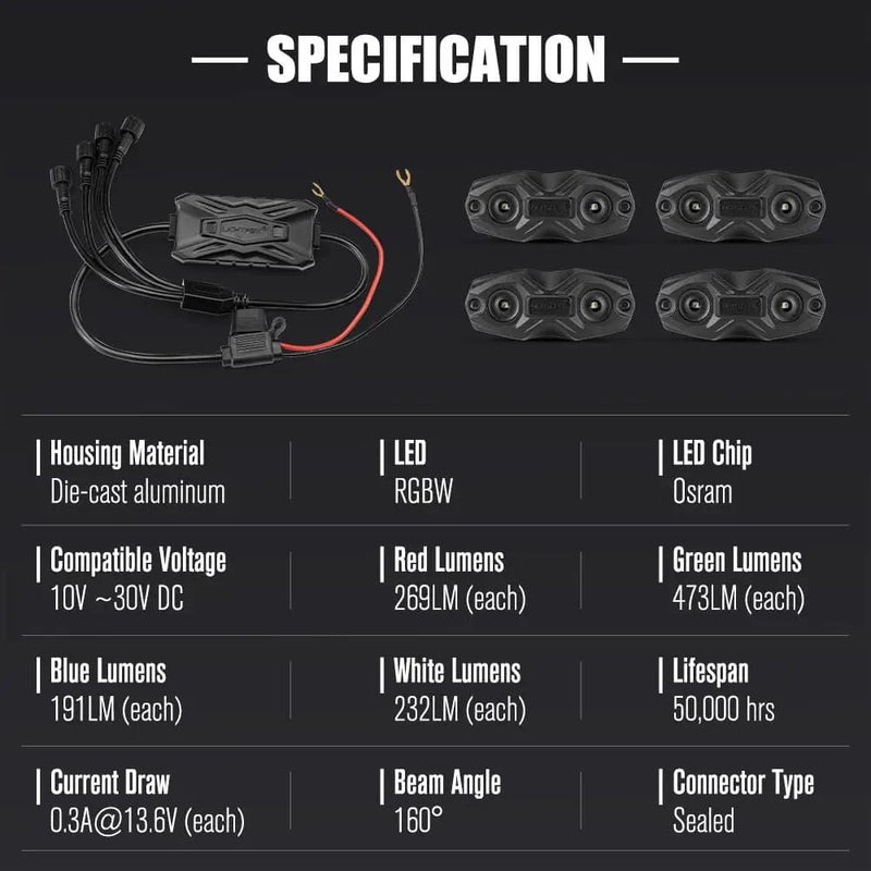 Kiwi Offroad General LIGHTFOX RGBW LED Rock Lights - 4 Pack Lightfox RGBW Rock Lights 4 Pack For Offroad Jeeps