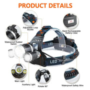 salelink.co.nz Unbranded Headlamp LED Headlight Head Torch Flashlight Rechargeable 1000LM LED Headlamp With 3 XML T6 Beams