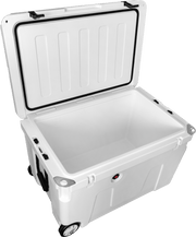 Southern Ocean 140L Cooler Bin With Wheels and Vent Valve open, showcasing interior space for ice and food.