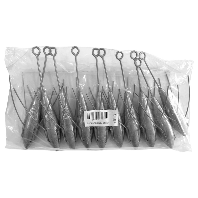 Breakaway Sinker Bulk Pack 6oz (10 per pack) in a clear packaging showcasing 10 units.