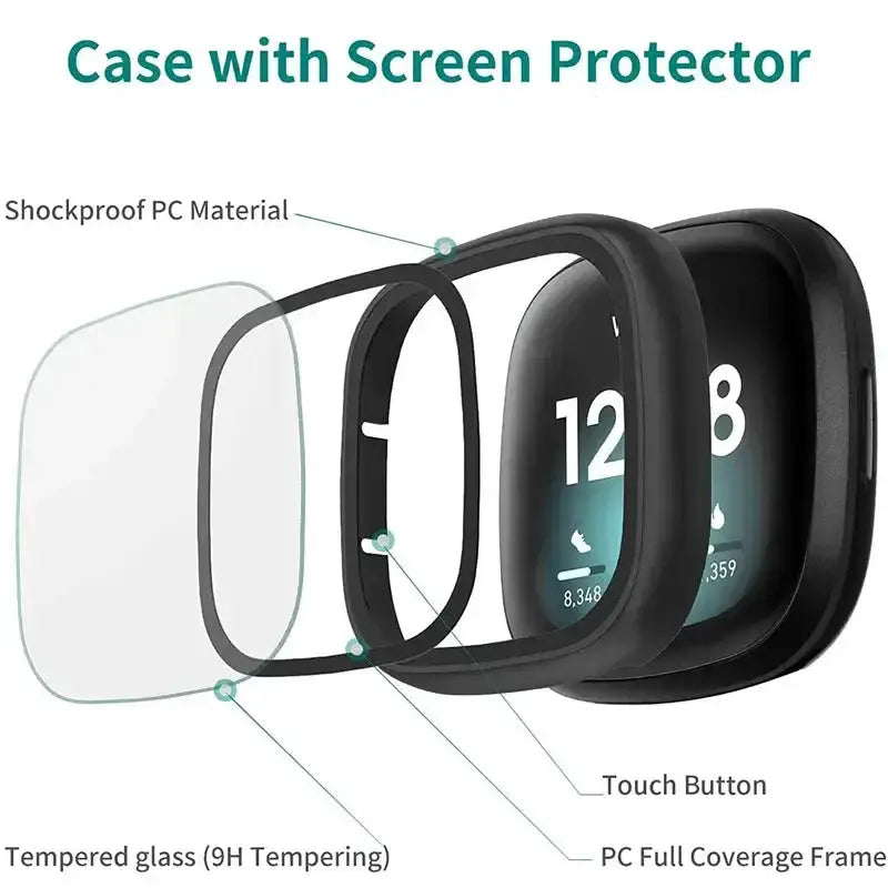 Habicare TWS Tempered Glass Case Cover for the Fitbit Versa 3 Tempered Glass Case Cover for the Fitbit Versa 3