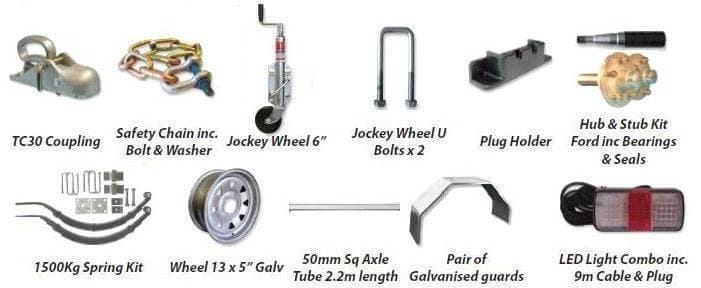 Trojan 1500kg Single-Axle Unbraked Trailer Kit 13in Wheels for DIY Builders Custom Build Kit