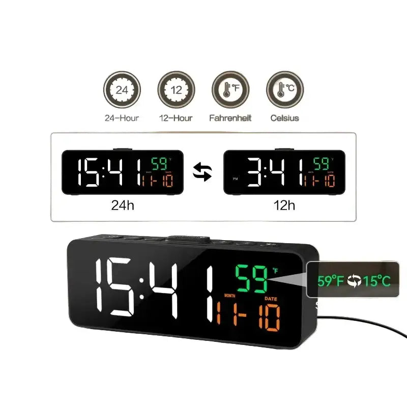 USB Digital Alarm Clock – TEMP & Date Display with 5-Level Brightness – view 4