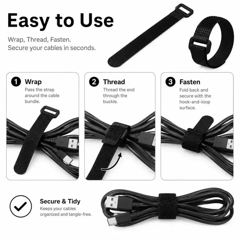 Habicare Reusable Black Nylon Hook & Loop Cable Ties Reusable Black Nylon Hook & Loop Cable Ties