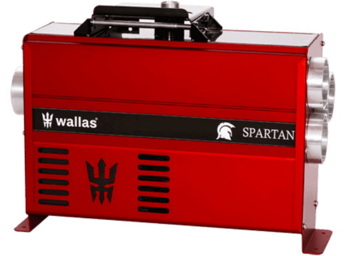 Diesel Heater Spartan Air 12V, a red Wallas heater with green boost burner for efficient clean-burning diesel.