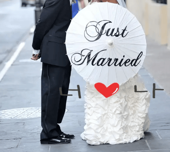 White Paper Wedding Umbrella With Just Married Script – view 3